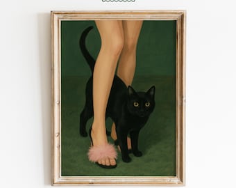 Black Cat with Woman – Gothic Witchy Wall Art Print