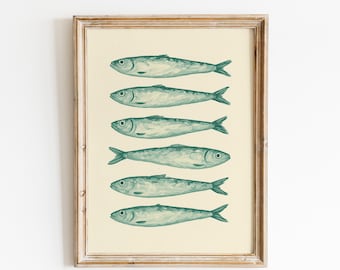 Sardinen in einer Reihe Poster - mediterrane Küchenwandkunst, Küsten Vintage Fischdruck