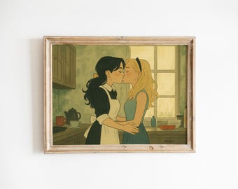 Sapphic Kiss in Sunlit Kitchen – Cozy Lesbian Wall Art Print