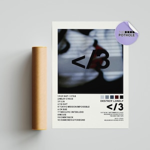 Détruire les affiches de Lonely, affiche </3, Destroy Lonely, affiche de couverture d'album, impression d'art mural, personnalisation, affiche de liste de chansons