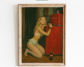 Vintage rode poster koelkastmeisje – Retro vrouwelijke muurkunst