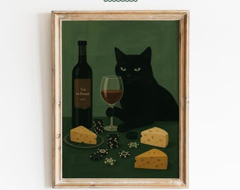 May include: A framed art print featuring a black cat, wine, cheese, and poker chips on a green background. A wine bottle with a label and a glass of red wine are also present. The print has the text "Femmaura" at the top.