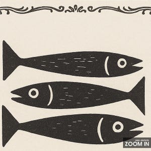 May include: Black and white illustration of three fish. Each fish has a curved body, a fin, an eye, and a mouth. The fish are arranged vertically on a cream-colored background. A decorative border is at the top.