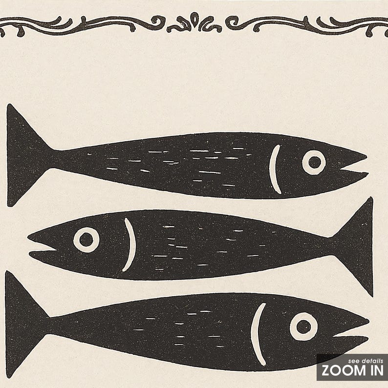 May include: Black and white illustration of three fish. Each fish has a curved body, a fin, an eye, and a mouth. The fish are arranged vertically on a cream-colored background. A decorative border is at the top.