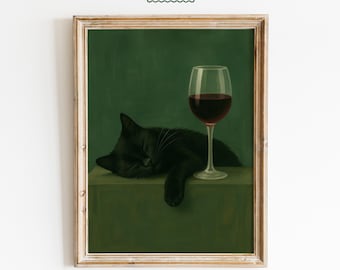 May include: A framed print featuring a black cat sleeping next to a glass of red wine. The cat rests on a green surface, with the wine glass positioned upright. The artwork has a vintage aesthetic, with the text "FEMMAURA" at the top.