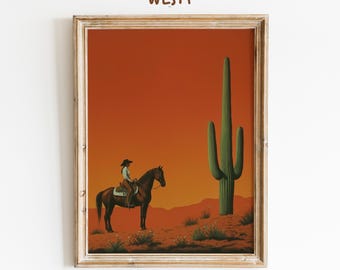 Minimalistische westerncowboy-poster | Muurkunst woestijn zonsondergang | Print op zuidwestelijke ruiter