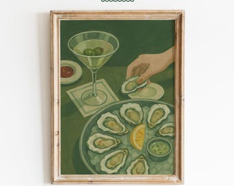 Martini & Oyster Art Print – Vintage Bar Scene Poster, Retro Minimal Kitchen Wall Art