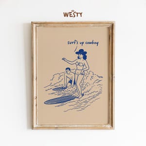 Poster "Surf's Up Cowboy" / Stampa artistica "Western Surf" / Decorazione da spiaggia "Retro Cowgirl"