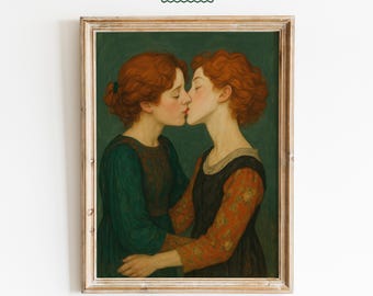 Lesbian Lovers Kiss – Vintage-Style Romantic Queer Art Print