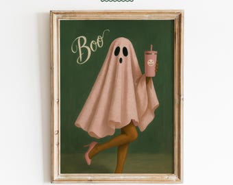 Pink Ghost with Drink – Cute Whimsical Halloween Wall Art Print