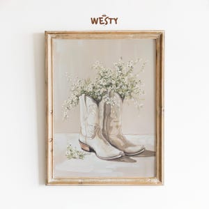 Poster con stivali da cowboy bianchi / Arte murale rustica floreale western / Decorazione per la stanza da cowgirl