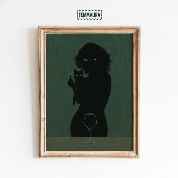 Woman and Black Cat Silhouette Print – Dark Feminine Art (Digital Download)