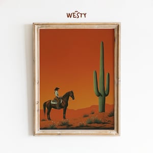 Cowgirl und Kaktus Sonnenuntergang | Wüste Western Wandkunst | Vintage Cowgirl Muster