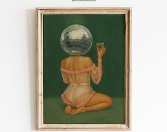 Disco Ball Head Art Print: Surreal Glam Girl Wall Decor