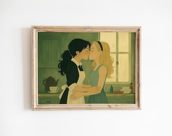 Tender Lesbian Kiss in Kitchen – Sapphic Vintage Poster Print