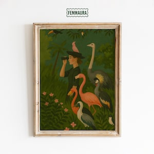 May include: A framed art print featuring a woman with binoculars, surrounded by exotic birds like flamingos and an ostrich, set in a lush, green jungle. The artwork has a vintage aesthetic, with the text "FEMMAURA" in the top left corner.