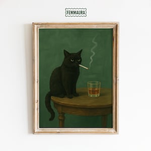 Moody Black Cat Poster – Smoking Cat with Whiskey Dark Humor Wall Art