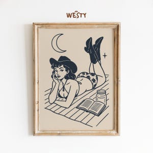 Moonlit Cowgirl Reading – Western Pin-Up Poster
