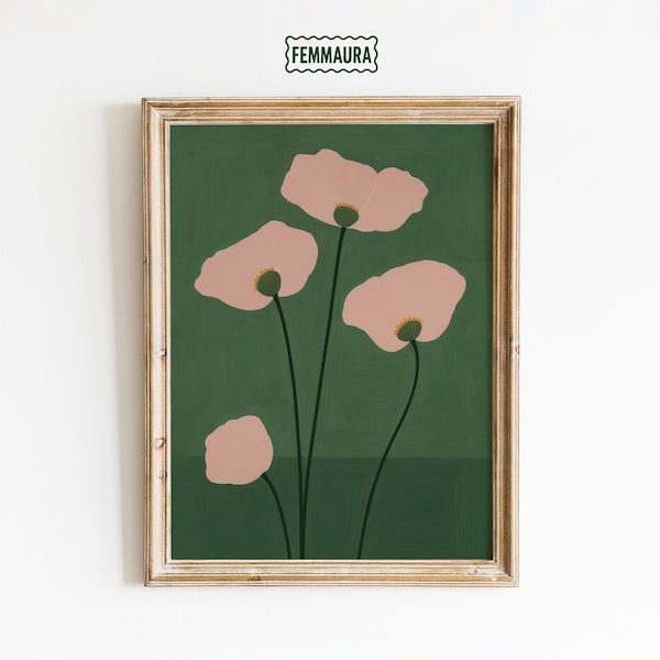 Abstract Poppy Flower Art – Minimal Floral Print in Pink and Green