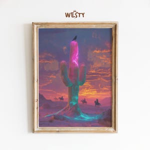 Neon Kaktus Westernkunst | Surreal Cowboy Sonnenuntergang Druck | Wüsten Glow Poster