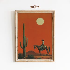 Cowboy unter dem Wüstenmond | Western Minimalistische Wandkunst | Rustikaler Cowboy Druck