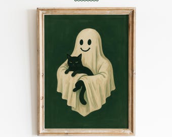 Ghost and Black Cat Art Print – Spooky Halloween Decor