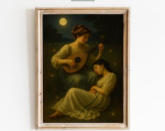 Moonlit Lute Serenade – Sapphic Romantic Fine Art Poster
