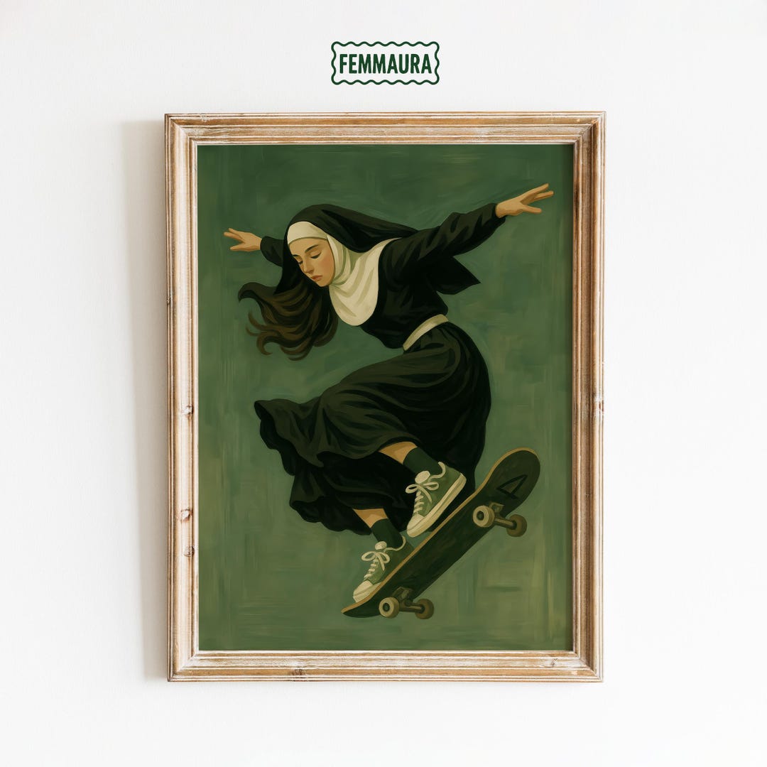 rebel-nun-on-skateboard-surreal-bold-wall-art-print-etsy
