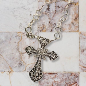 Large Cross Necklace - Large Silver Cross Pendant Necklace - Large Cross Pendant - Crystal Cross Pendant Necklace - Long Religious Cross