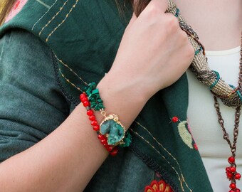 Malachite Green Bracelet: Boho Druzy Geode Statement Bracelet