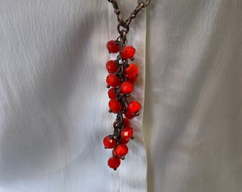 Long Copper Chain Necklace: Red Crystal Boho Cluster Pendant