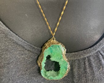 Green Druzy Necklace - Green Druzy Gemstone Pendant Necklace -  Green Gold Agate Necklace - Geode Statement Necklace - Large Druzy Necklace