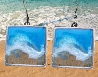 Ocean Beach Earrings - Beach Sand Earrings- Resin Art Earrings - Tropical Ocean Earrings - Wave Earrings - Beach Wedding Jewelry