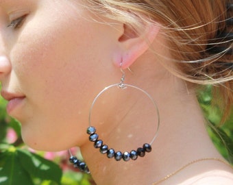 Large Crystal Hoop Earrings - Large Wire Hoop Earrings - Hoop Wire Statement Earringss -Large Crystal Silver Earrings - Hoop Earrings