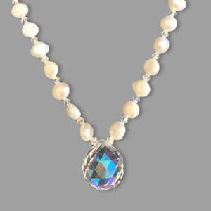 Pearl and Crystal Bridal Necklace - Freshwater Pearl and Crystal Statement Necklace - Swarovski Crystal Prism Pendant Necklace