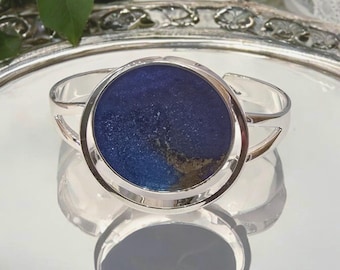 Blue and Purple Resin Cuff Bracelet | Sterling Silver | Unique Handmade Jewelry