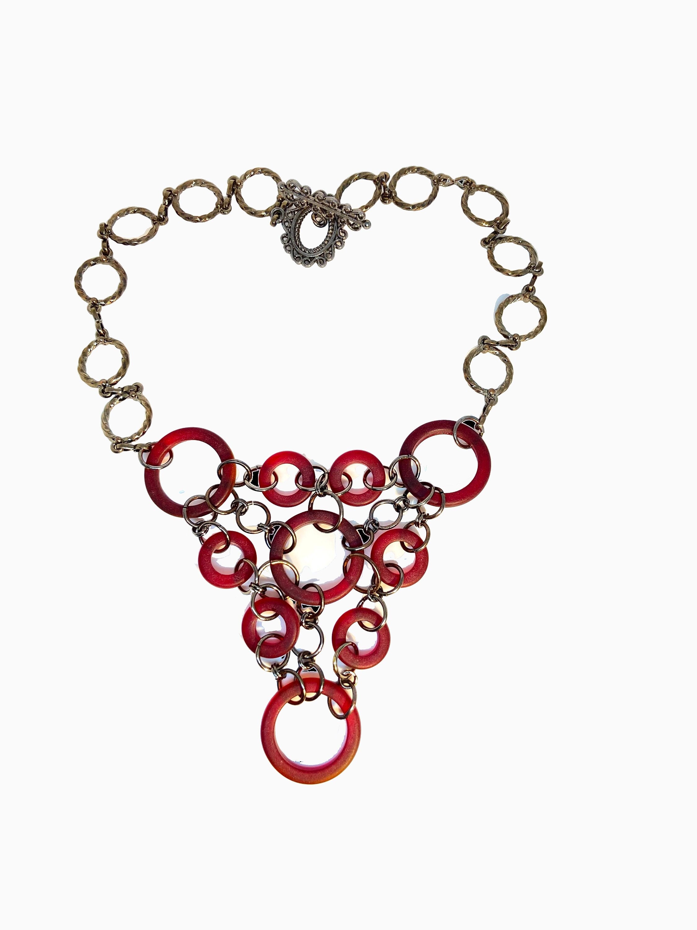 Red Sea Glass Circle Necklace: Geometric Statement Bib Necklace
