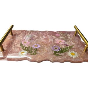 Pink Sparkle Resin Tray with Pressed Flowers & Gold Handles | Decorative Serving Tray