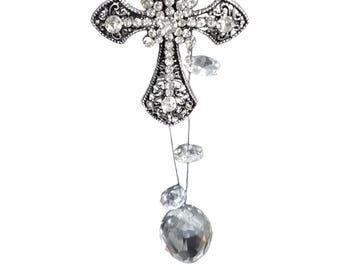 Silver Cross Car Pendant with Crystals | Unique Car Accessory | Handmade