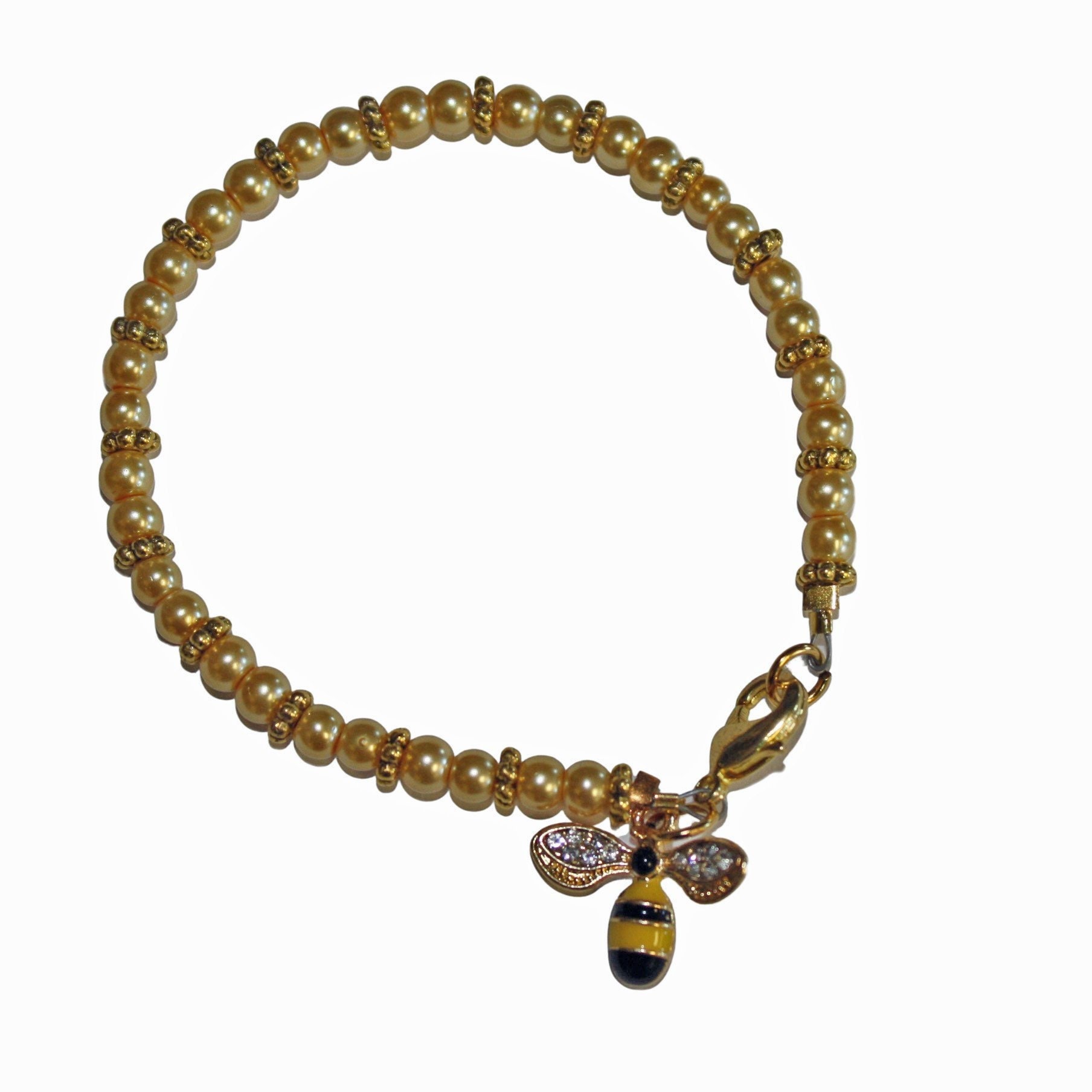 Bumble Bee Bracelet: Pearl Bead & Gold Accent Bee Jewelry - Etsy display picture 1