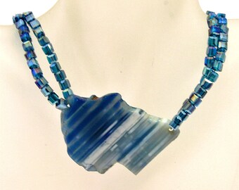 Blue Striped Agate Pendant Necklace: Iridescent Crystal, Statement Jewelry