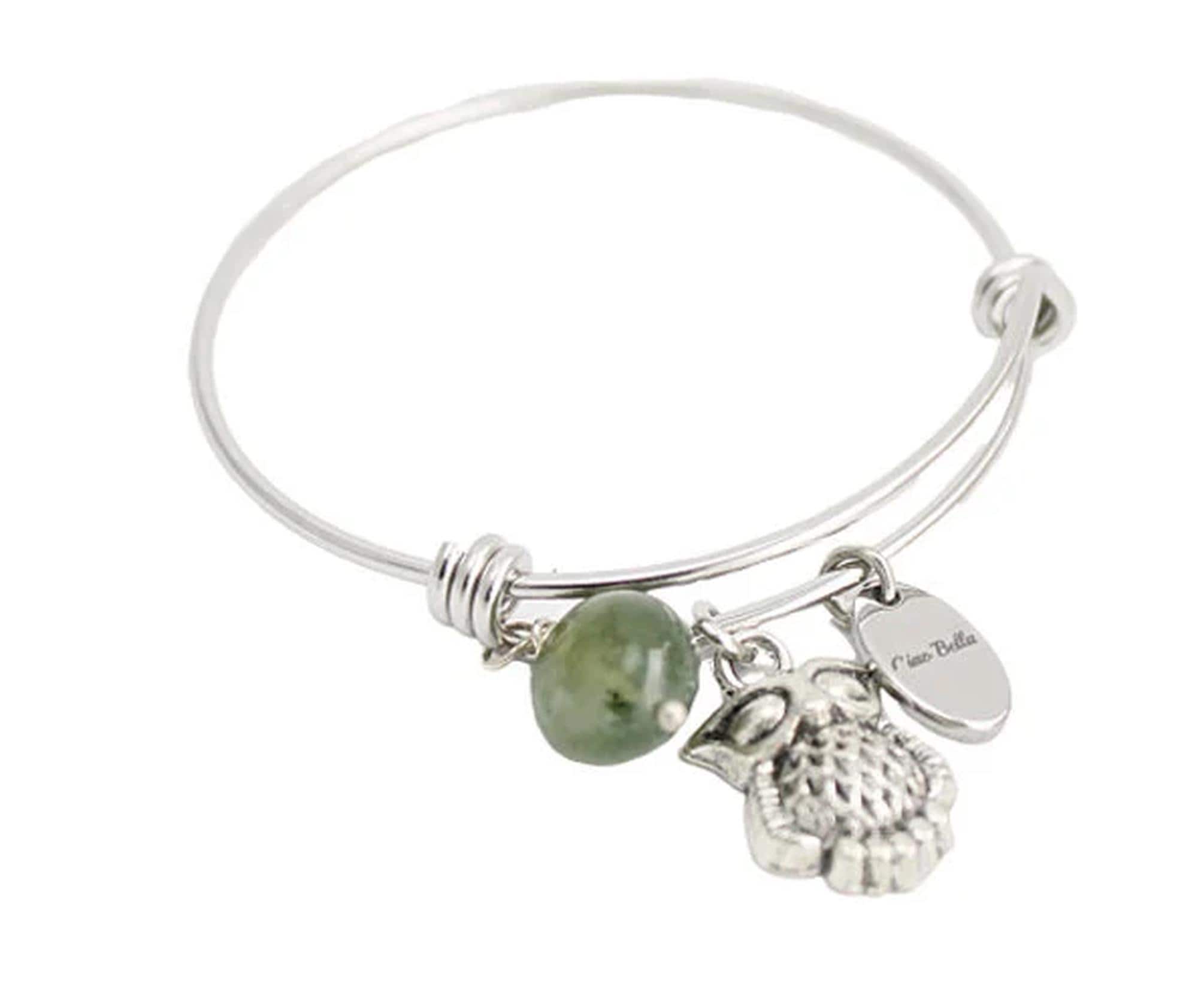 Owl Charm Bangle Bracelet: Stainless Steel with Green Agate