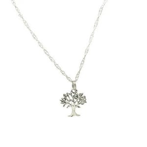 May include: A silver necklace with a tree of life pendant. The chain is a delicate, silver rope chain.