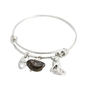 Dog Charm Bangle Bracelet: Stainless Steel, Jasper Accent