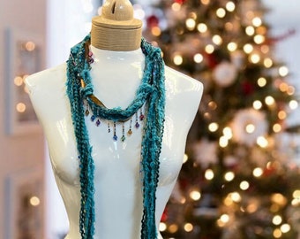 Boho Beaded Lightweight Mohair Scarf Necklace - Aqua, Turquoise with Colorful Beads - Beaded Scarf - Scarf Necklace - Necklace