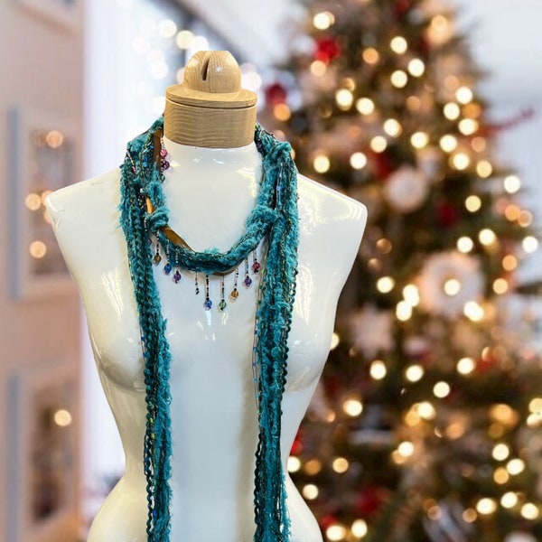 Boho Beaded Lightweight Mohair Scarf Necklace - Aqua, Turquoise with Colorful Beads - Beaded Scarf - Scarf Necklace - Necklace