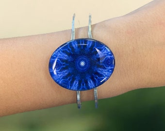 Oval Bracelet - Silver Starburst Bracelet - Cuff Bracelet - Oval - Blue - Boho - Statement - Friendship - Gift - Birthday - Holiday Gift