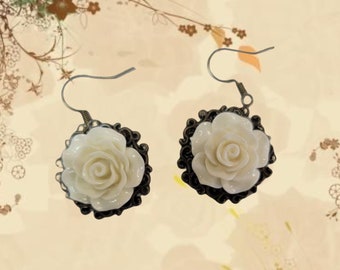 Victorian Rose Earrings - Mothers Day Flower Earrings - Resin Rose Earrings - Carved Rose Earrings - Bridal Rose Earrings