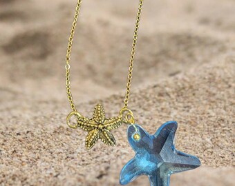 Collier étoile de mer en cristal turquoise : bijoux océan plaqué or