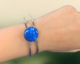 Circle Bracelet - Silver Starburst Bracelet - Cuff Bracelet - Oval - Blue - Holiday Gift - Friendship - Fun